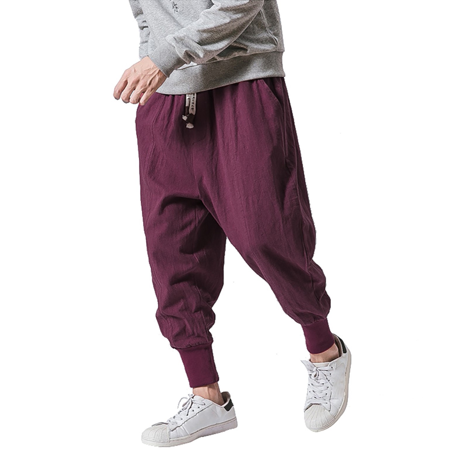 thumbnail image 5 of Pantalones de algodón y lino con entrepierna baja para hombre: cintura elástica, pantalones informales para todas las estaciones, tallas M-XXXL, 5 of 8